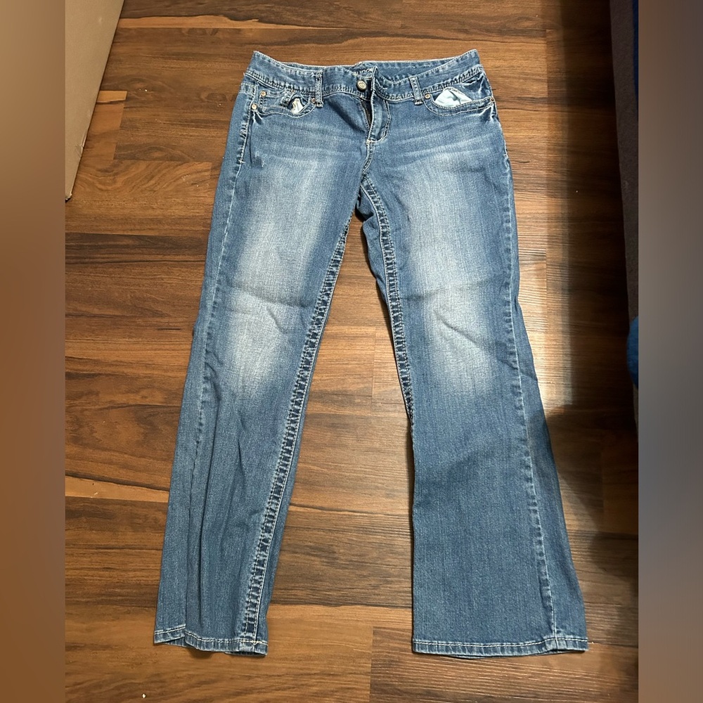 Maurices Blue Flare Wide Leg Jeans with Distressed Details